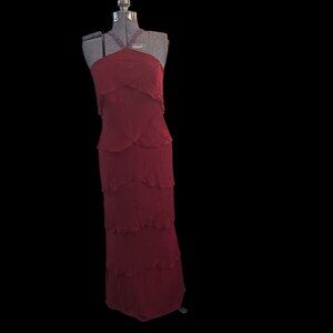 Vintage Daymor Couture Red Silk Chiffon Tiered Formal Dress Beaded Neck Strap